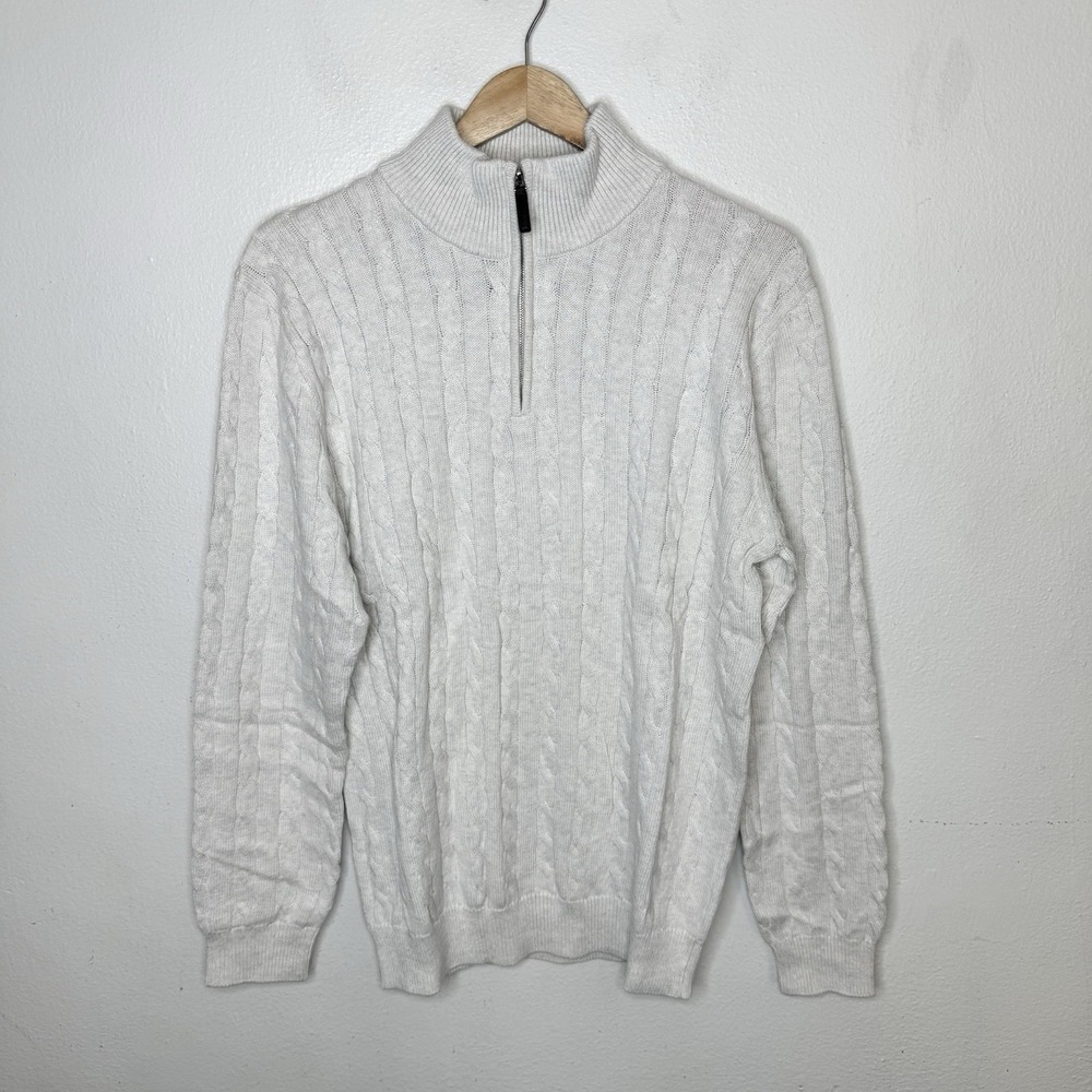 New Collars & Co Kensington Cable Knit Cream Quarter Zip Sweater Men's Large